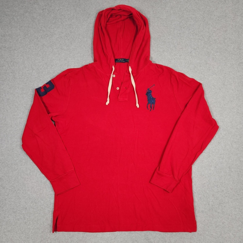 Polo Ralph Lauren Hoodie Mens Large Red Big Pony Lightweight Button Drawstrings